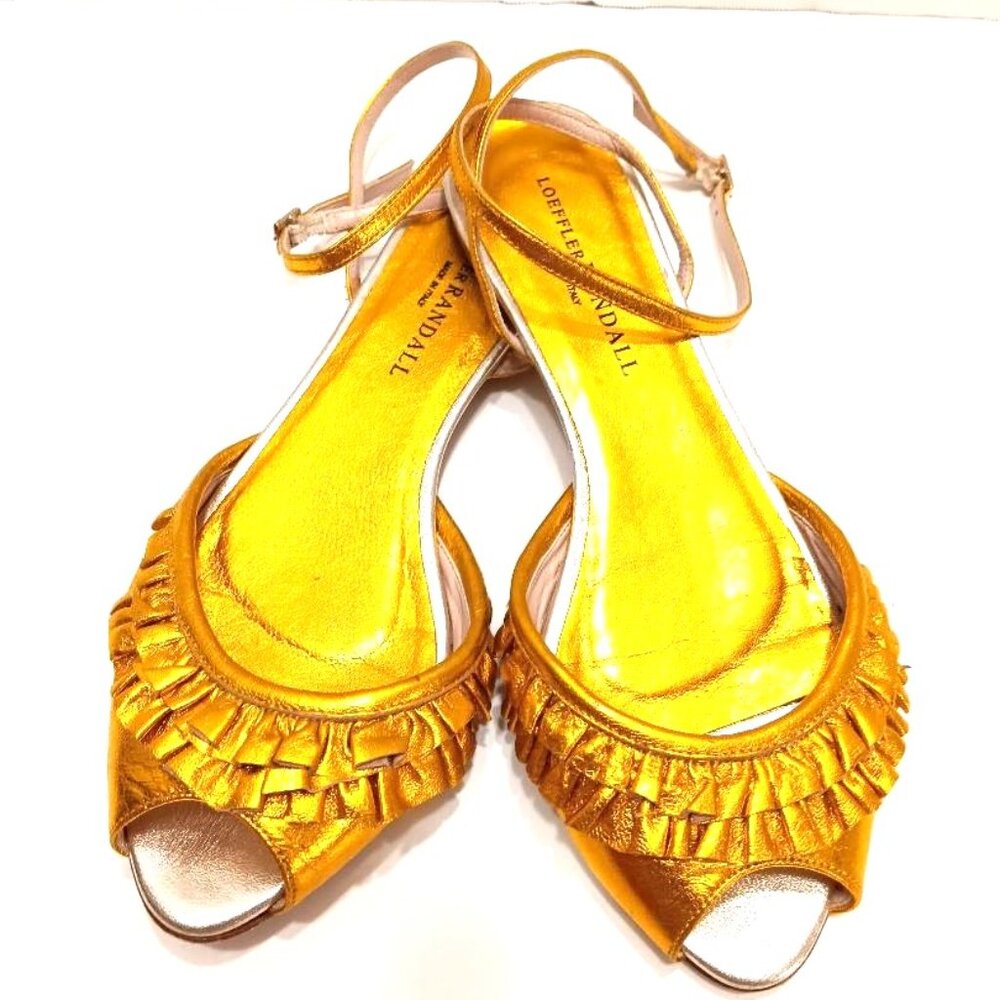 Loeffler Randall Italy Fancy Ankle Strap Shoes 7.5M Luxury Gold Ruffled Leather